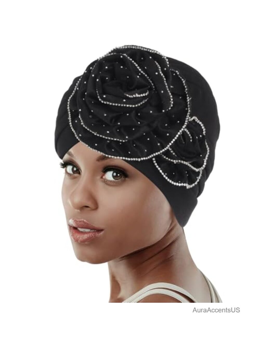 Stretchy Rhinestone Floral Head Wrap Turban Elastic Head Covering for Women